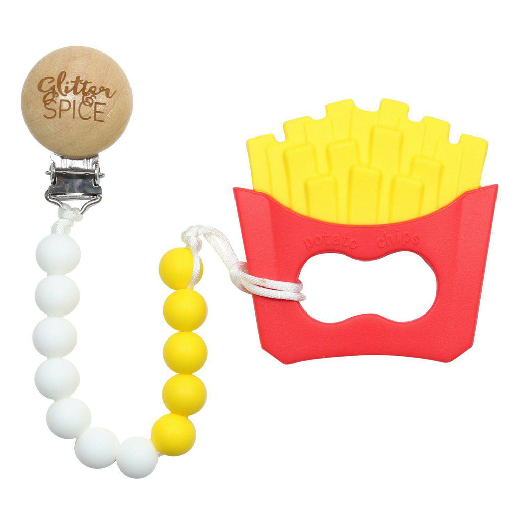 Glitter & Spice French Fry Silicone Teether with Pacifier Clip Glitter & Spice French Fry Silicone Teether with Pacifier Clip 