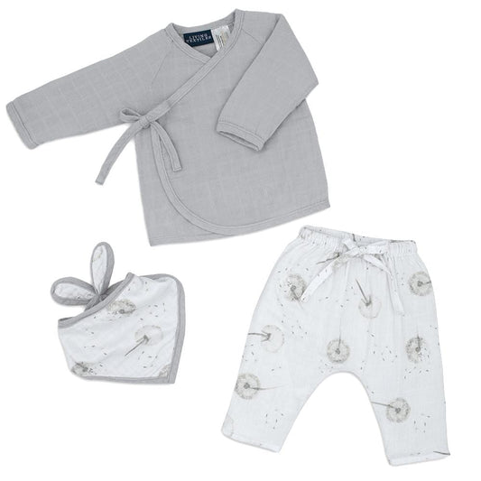 Living Textiles Organic Muslin Kimono Layette Set - Dandelion/Grey Living Textiles Organic Muslin Kimono Layette Set - Dandelion/Grey 