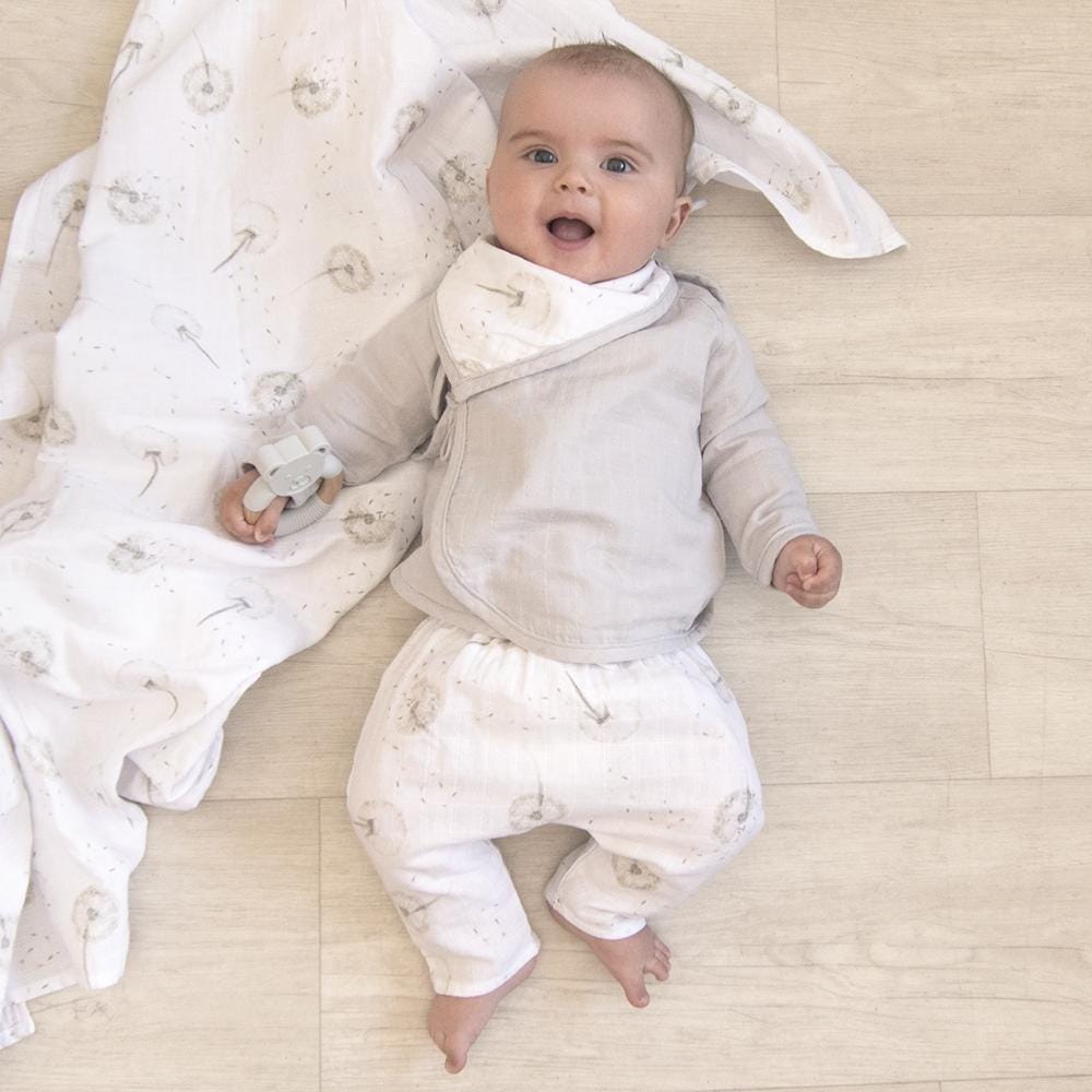 Living Textiles Organic Muslin Kimono Layette Set - Dandelion/Grey Living Textiles Organic Muslin Kimono Layette Set - Dandelion/Grey 