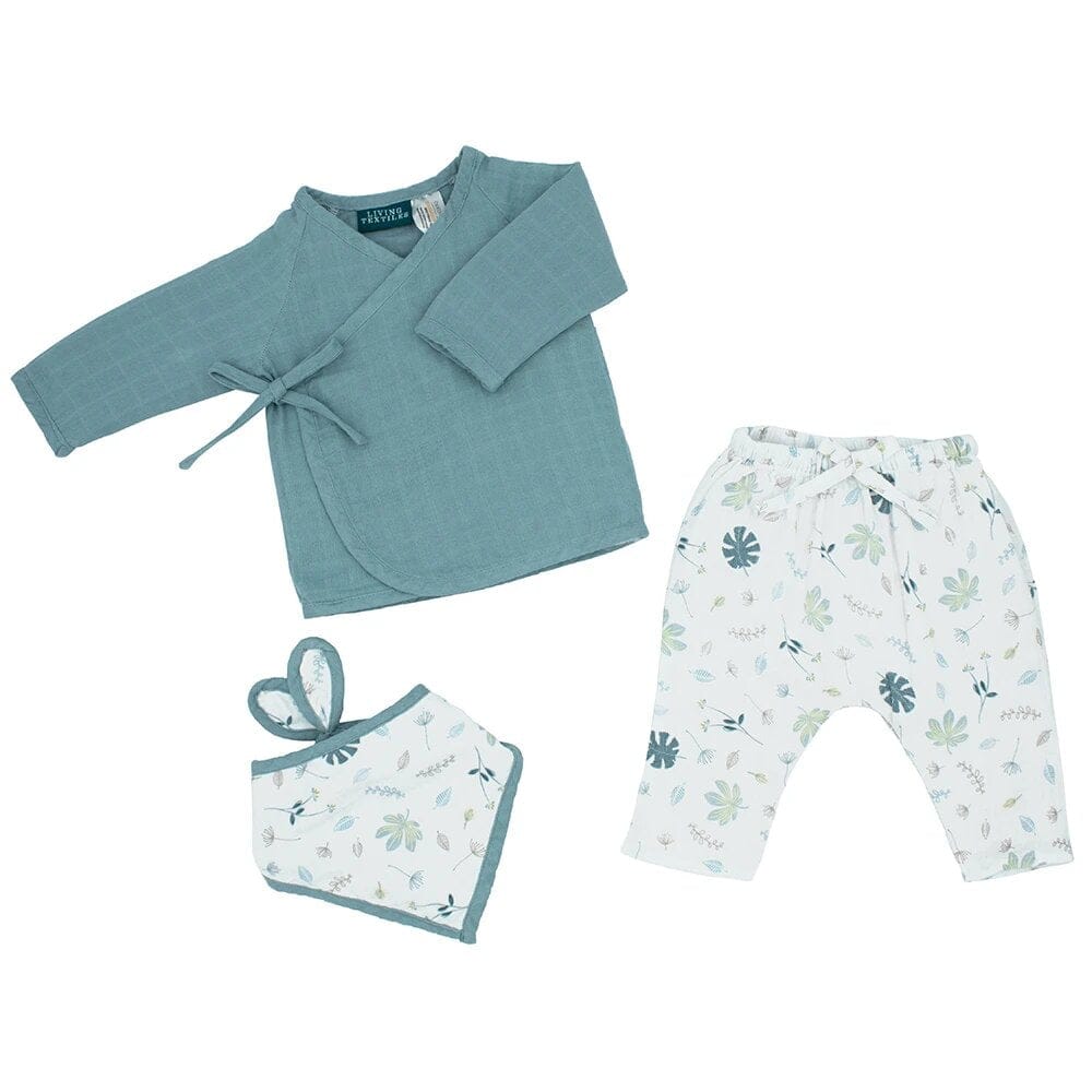 Living Textiles Organic Muslin Kimono Layette Set - Banana Leaf/Teal Living Textiles Organic Muslin Kimono Layette Set - Banana Leaf/Teal 