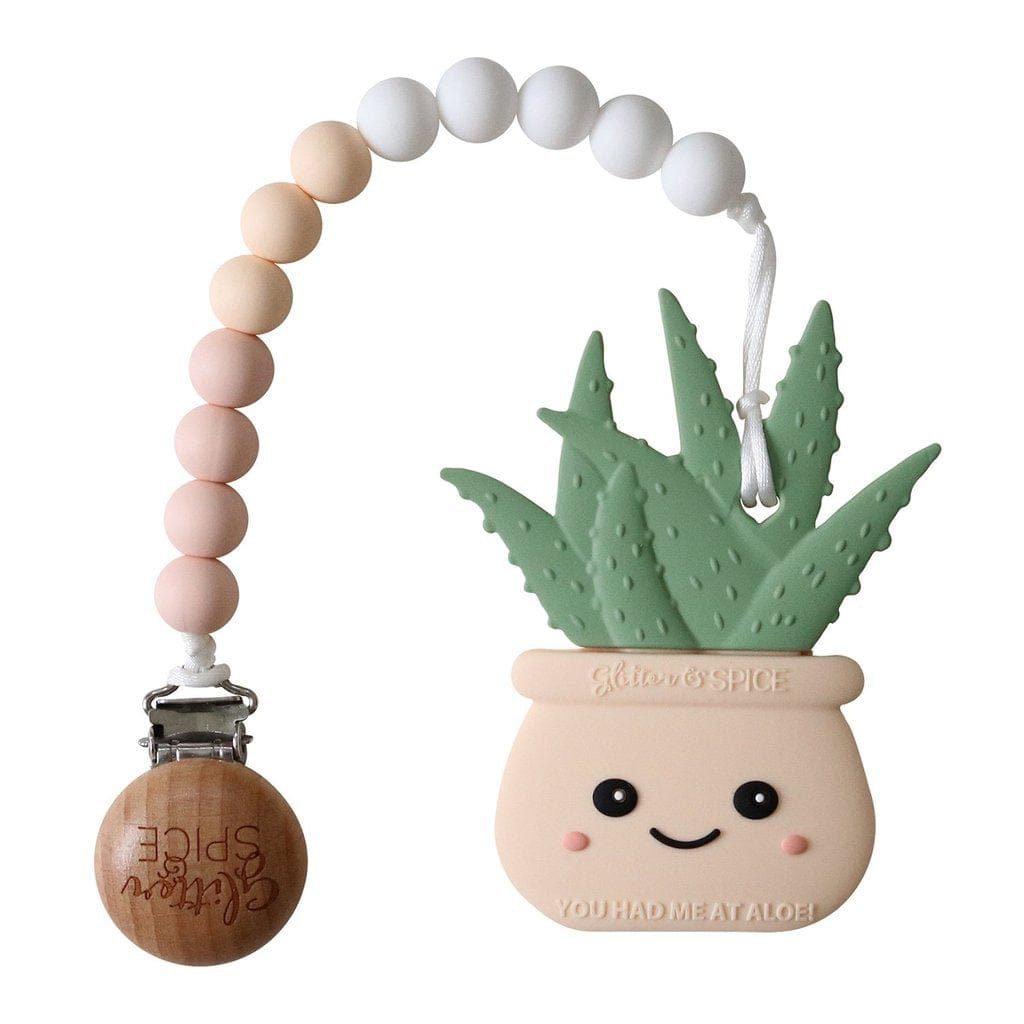 Glitter & Spice Aloe Plant Silicone Teether with Pacifier Clip Cream Peach 
