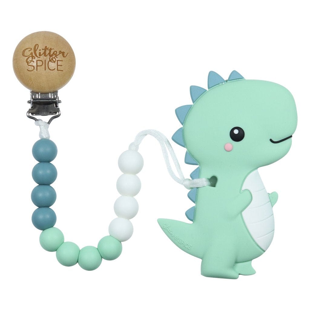 Glitter & Spice T-Rex Dino Silicone Teether with Pacifier Clip Glitter & Spice T-Rex Dino Silicone Teether with Pacifier Clip 