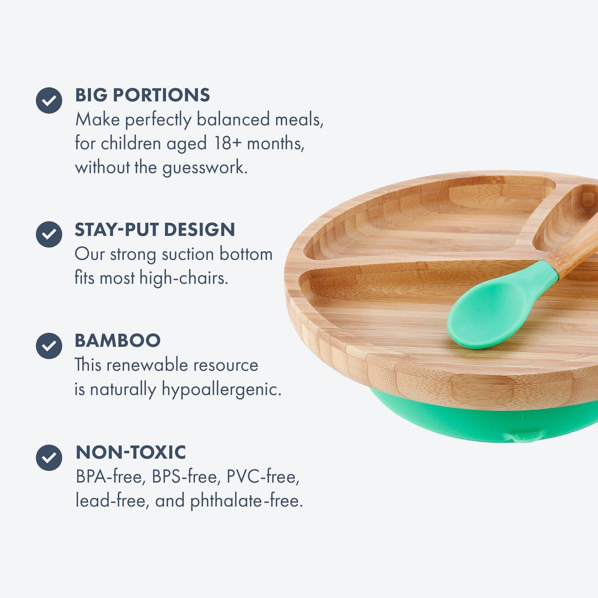 Avanchy Bamboo Divided Suction Toddler Plate + Spoon Avanchy Bamboo Divided Suction Toddler Plate + Spoon 