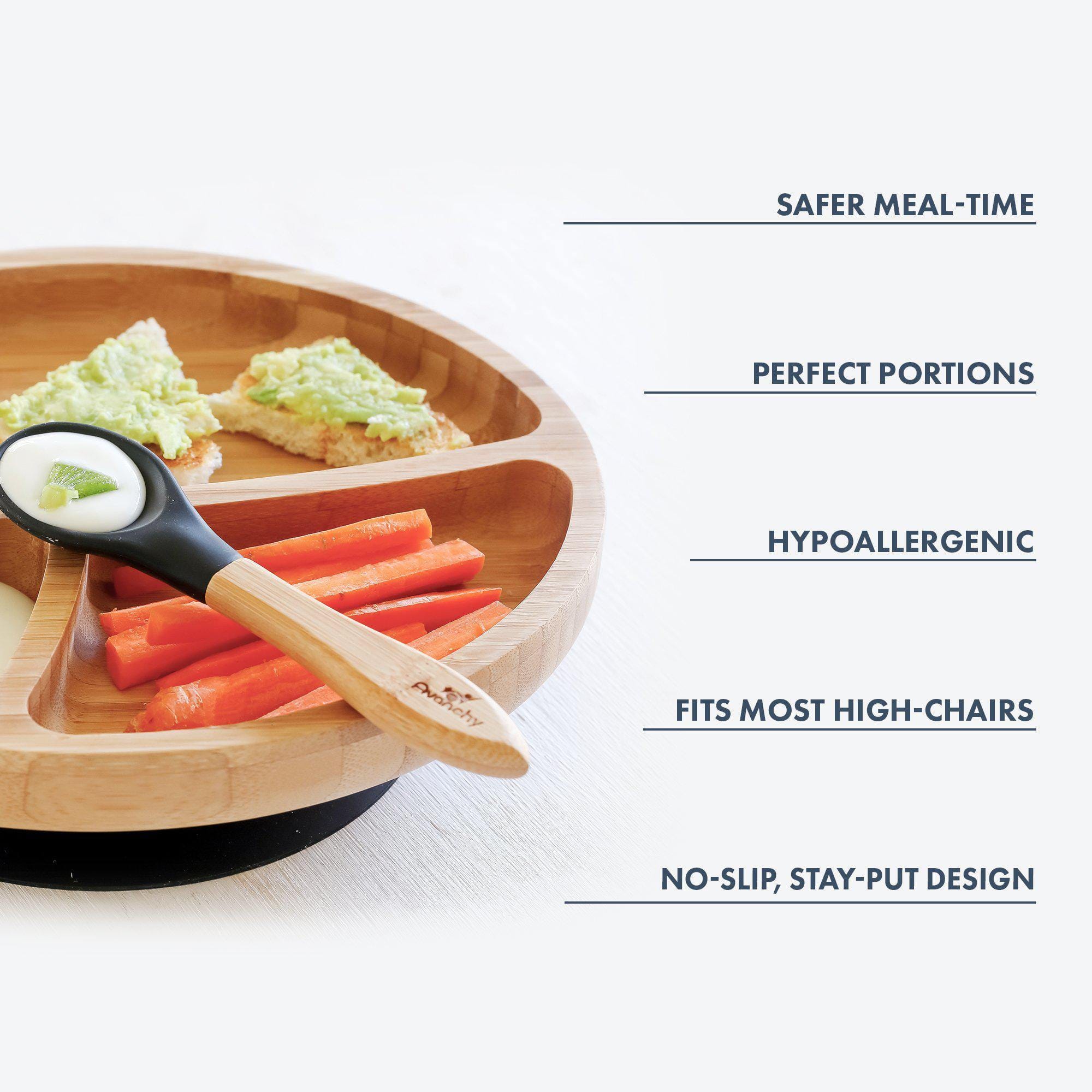 Avanchy Bamboo Divided Suction Toddler Plate + Spoon Avanchy Bamboo Divided Suction Toddler Plate + Spoon 