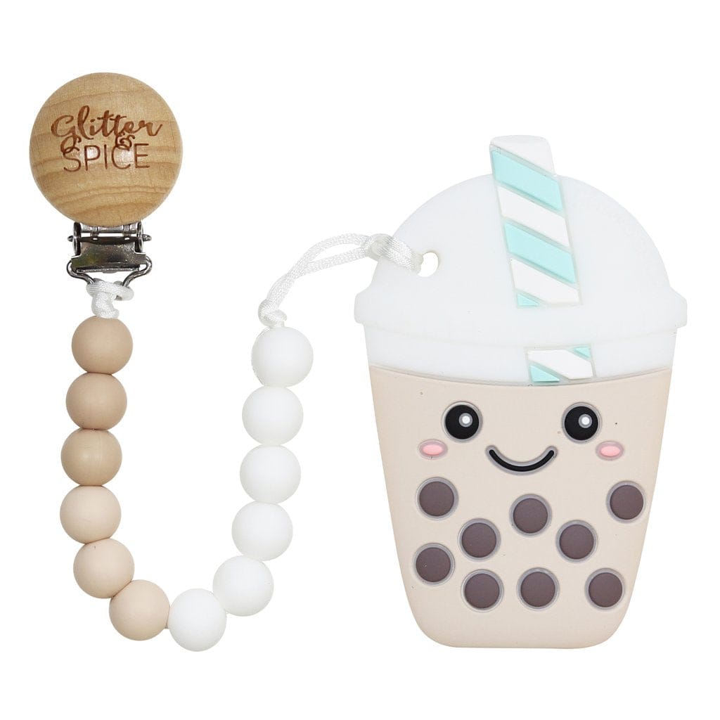 Glitter & Spice Bubble Tea Silicone Teether with Pacifier Clip - Beige Glitter & Spice Bubble Tea Silicone Teether with Pacifier Clip - Beige 