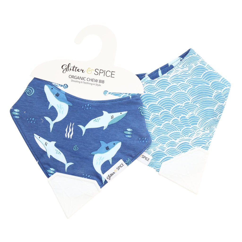 Glitter & Spice Double Sided Organic Chew Bib - Fintastic / Surf's Up Glitter & Spice Double Sided Organic Chew Bib - Fintastic / Surf's Up 