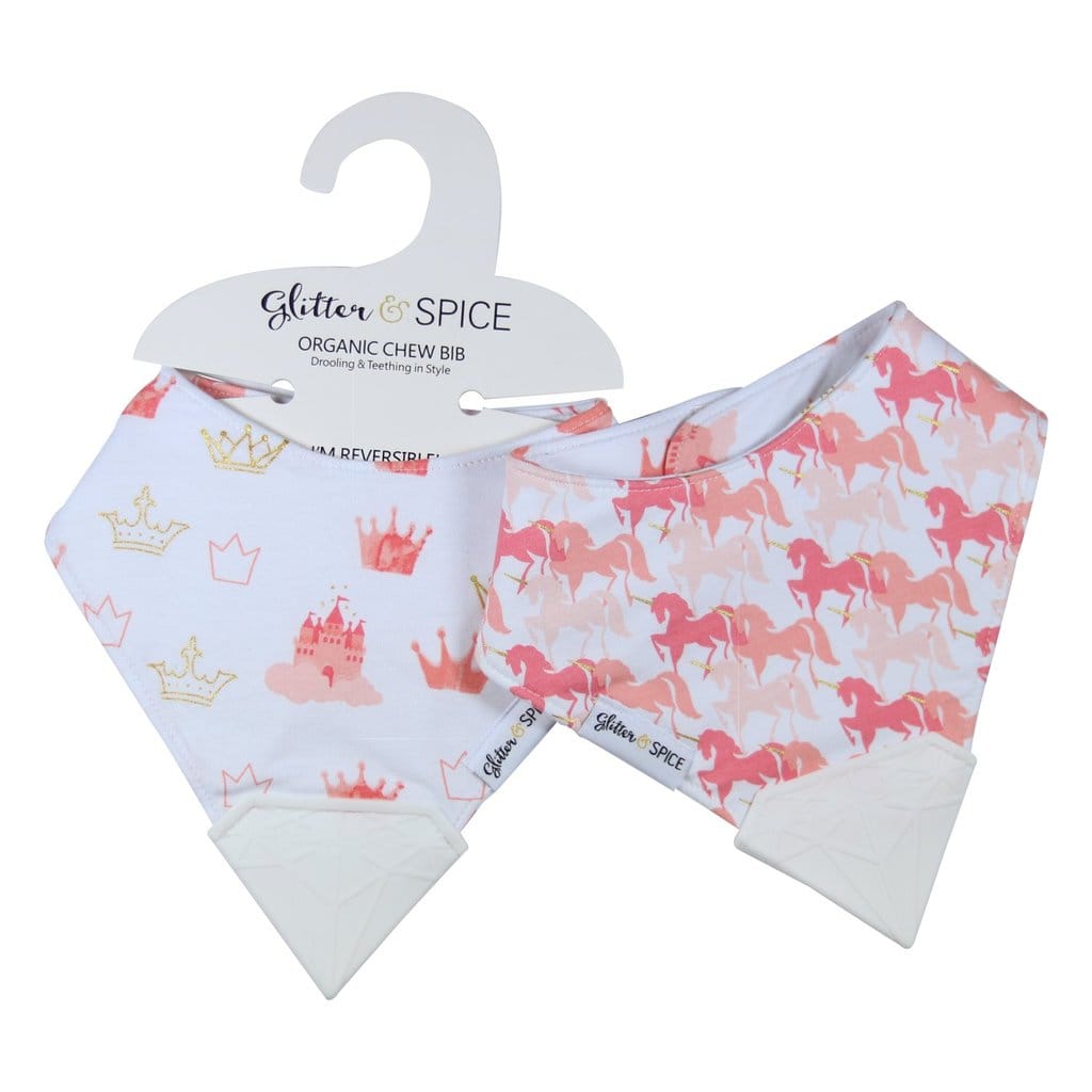 Glitter & Spice Double Sided Organic Chew Bib - Princess / Unicorns Glitter & Spice Double Sided Organic Chew Bib - Princess / Unicorns 