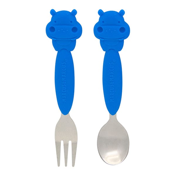 Marcus & Marcus Kids Easy Grip Stainless Steel Spoon & Fork Set Lucas Blue Hippo MNMKD03-HP