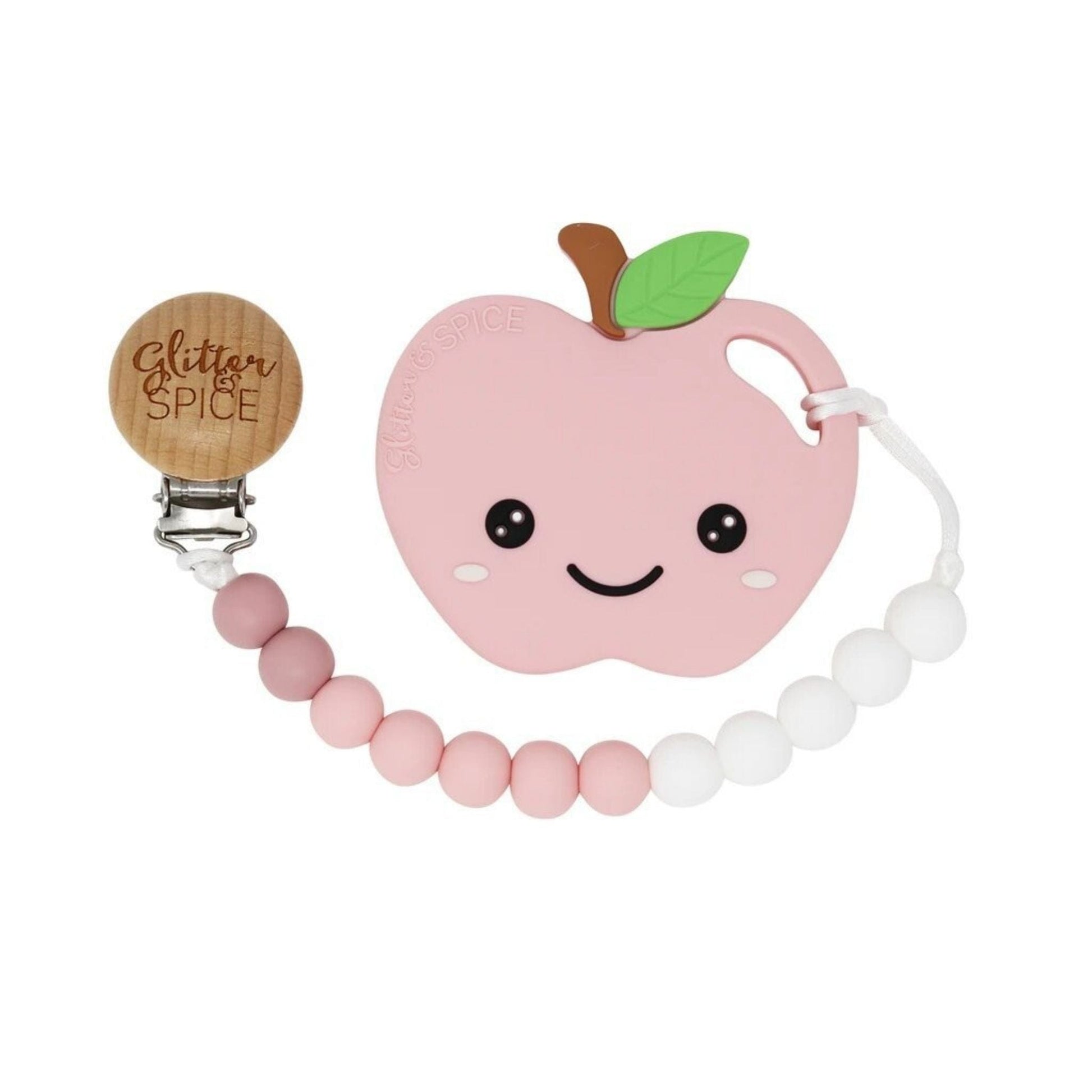 Glitter & Spice Apple Silicone Teether with Pacifier Clip Pink Lady 