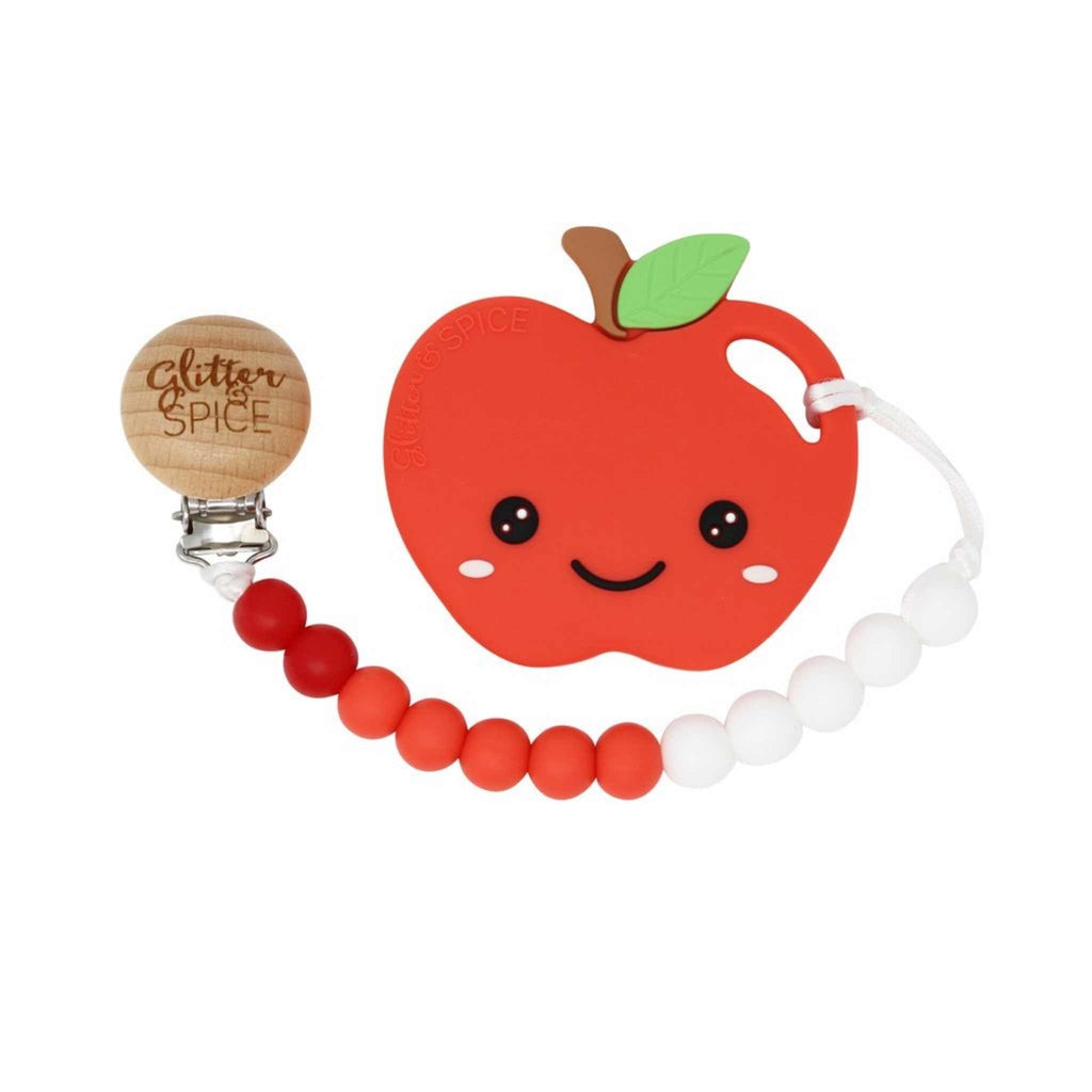 Glitter & Spice Apple Silicone Teether with Pacifier Clip Red Delicious 