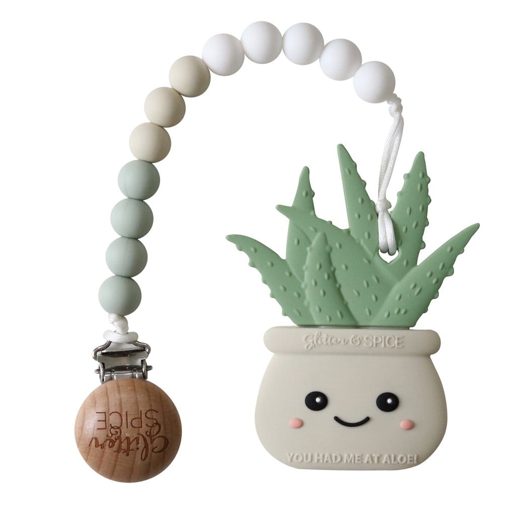Glitter & Spice Aloe Plant Silicone Teether with Pacifier Clip Sandy Gray 