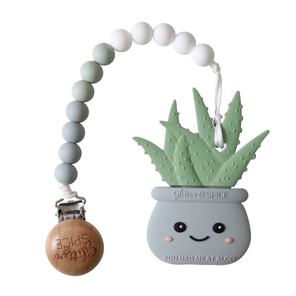 Glitter & Spice Aloe Plant Silicone Teether with Pacifier Clip Stone Gray 