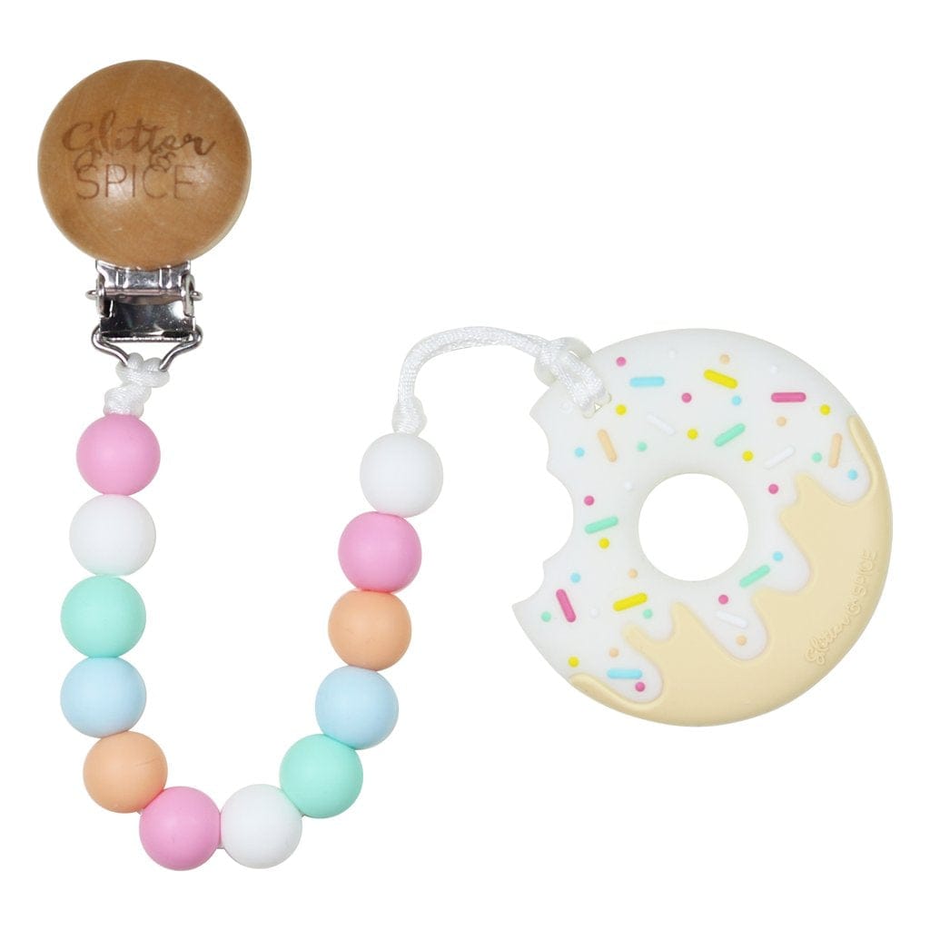 Glitter & Spice Donut Silicone Teether with Pacifier Clip - Frosted Vanilla Glitter & Spice Donut Silicone Teether with Pacifier Clip - Frosted Vanilla 