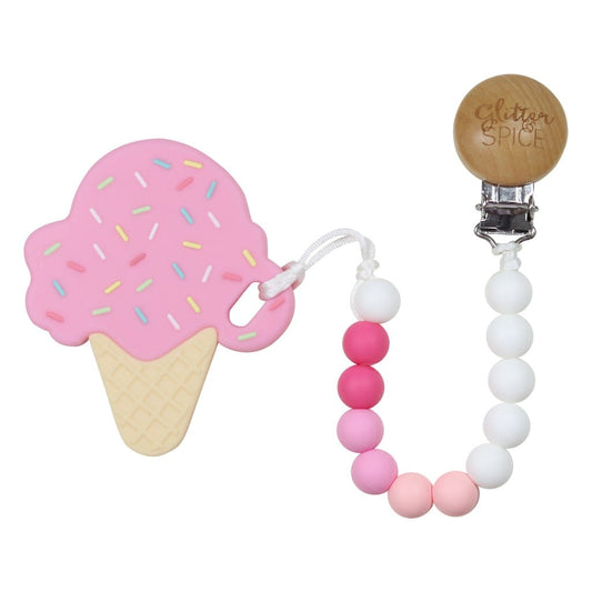 Glitter & Spice Ice Cream Cone Silicone Teether with Pacifier Clip Bubblegum Pink 