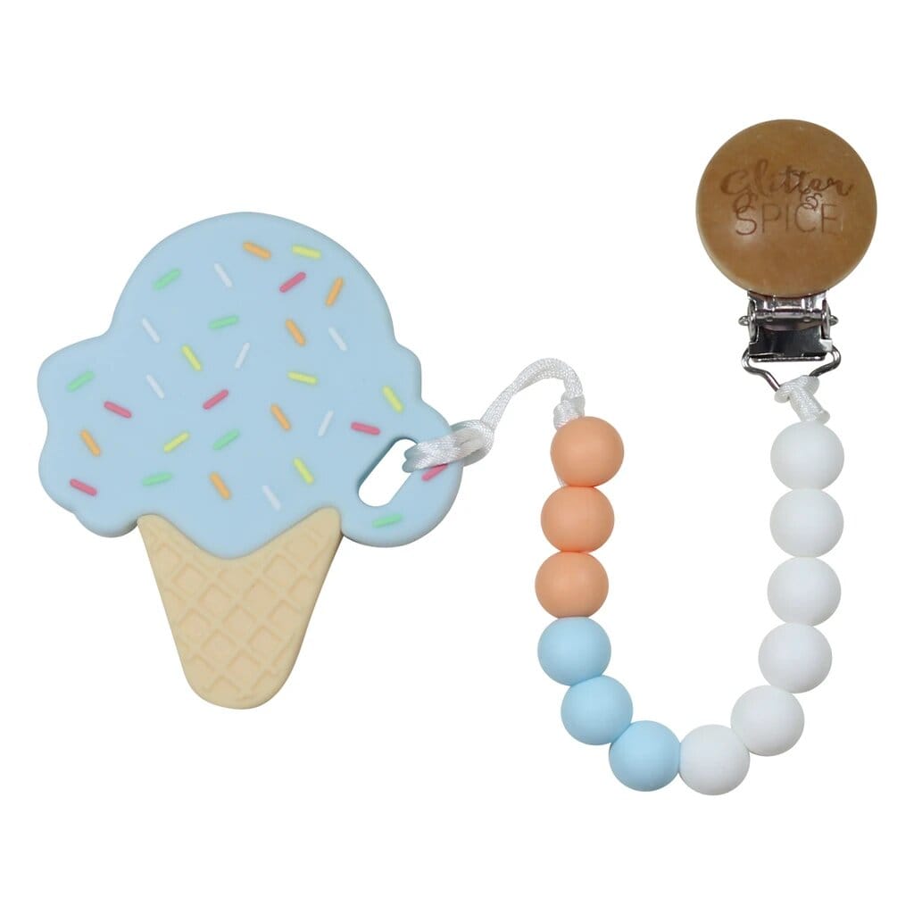 Glitter & Spice Ice Cream Cone Silicone Teether with Pacifier Clip Cotton Candy Blue 