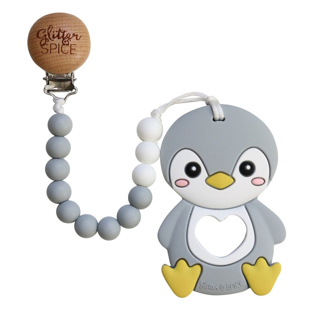 Glitter & Spice Penguin Silicone Teether with Pacifier Clip Glitter & Spice Penguin Silicone Teether with Pacifier Clip 