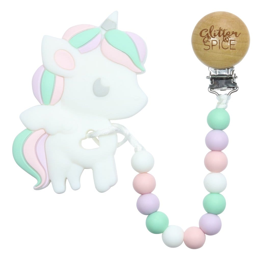 Glitter & Spice Unicorn Silicone Teether with Pacifier Clip Glitter & Spice Unicorn Silicone Teether with Pacifier Clip 