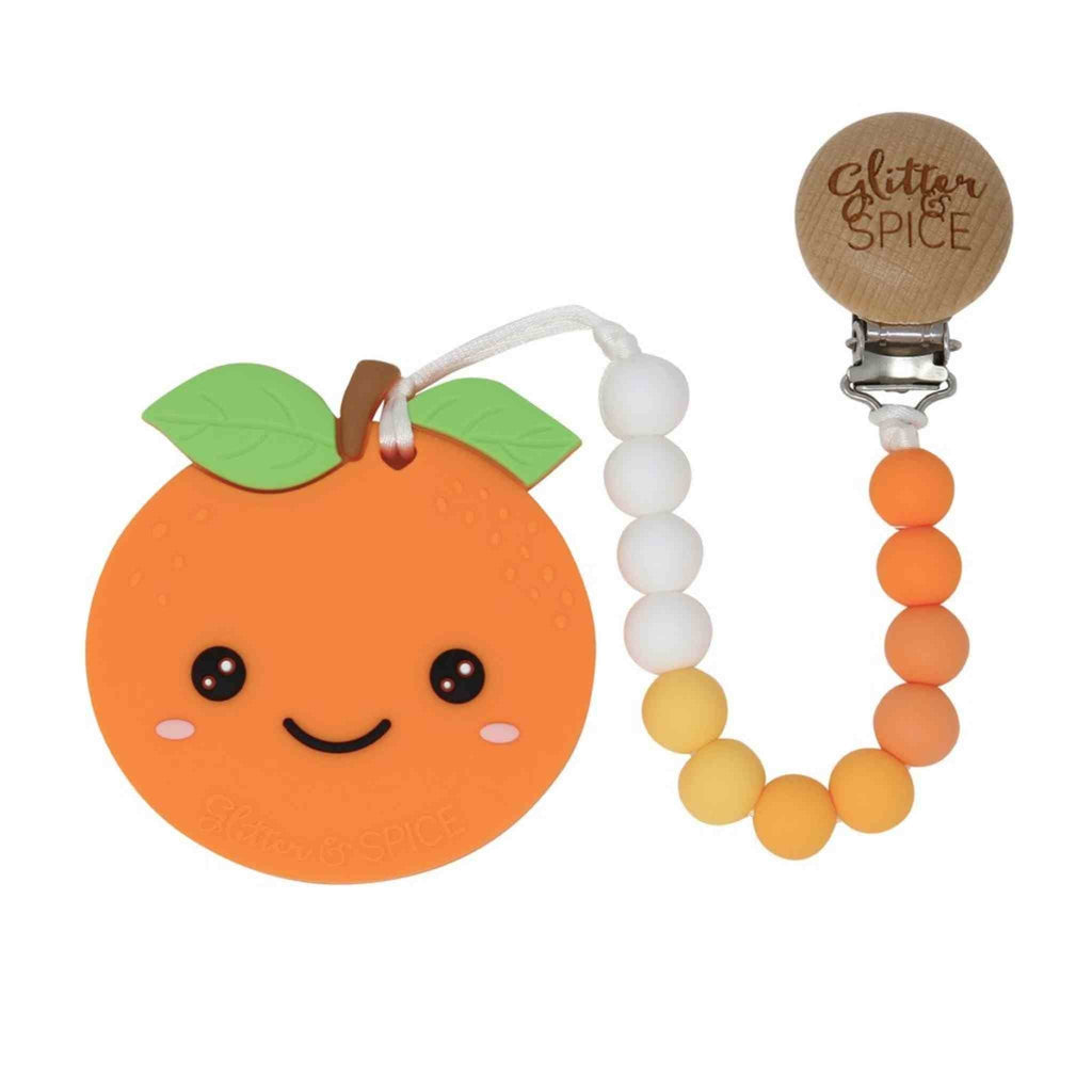 Glitter & Spice Orange Silicone Teether with Pacifier Clip Clementine 