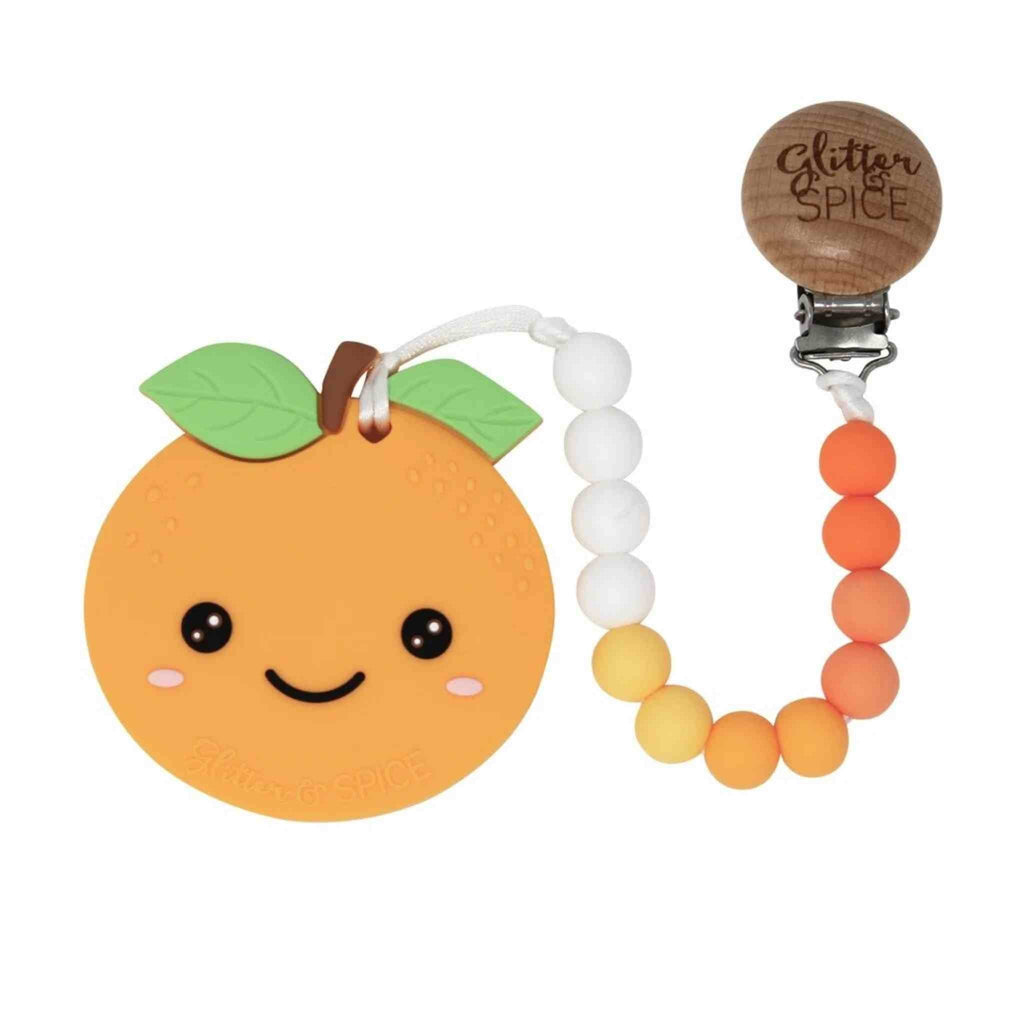 Glitter & Spice Orange Silicone Teether with Pacifier Clip Satsuma 