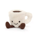 A miniature plush espresso cup featuring creamy velvety sides, a dark fuzzy coffee centre, a happy stitched smile, and ribbed chocolate-brown corduroy legs.