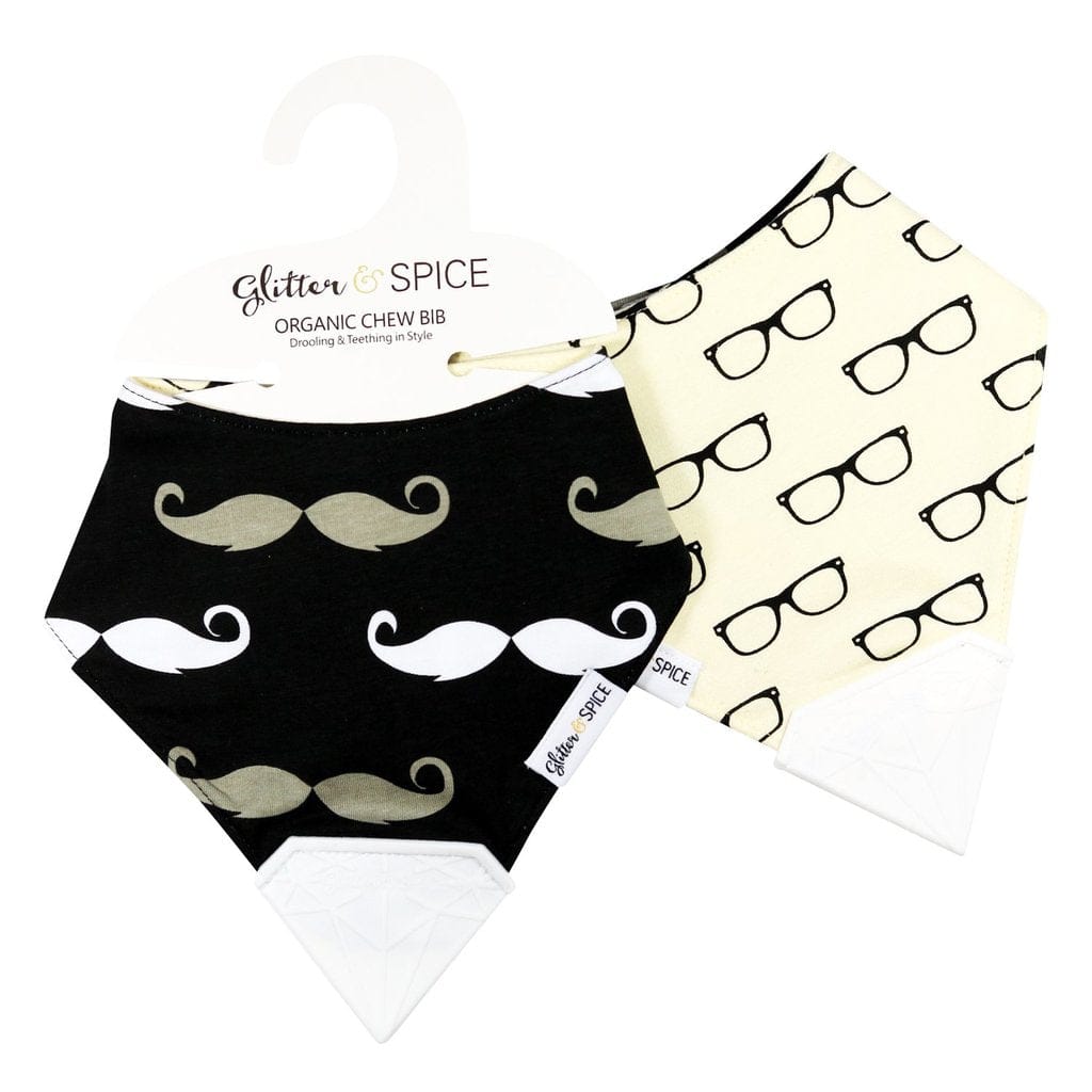 Glitter & Spice Double Sided Organic Chew Bib - Moustache / Specs Glitter & Spice Double Sided Organic Chew Bib - Moustache / Specs 