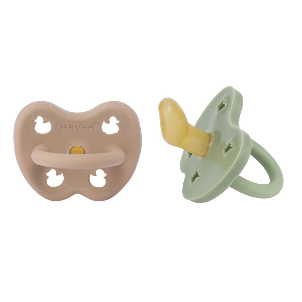 Hevea Natural Rubber Pacifier Orthodontic 3-36 Months Two-pack Tan Beige & Moss Green HE-CP-O-2PK-TB-MG-3-36