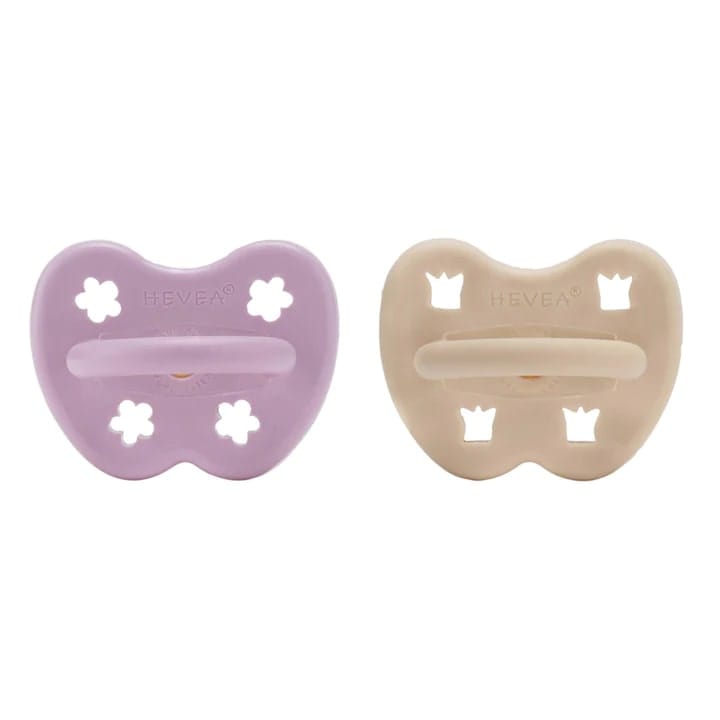 Hevea Natural Rubber Pacifier Orthodontic 3-36 Months Two-pack Light Orchid & Sandy Nude HE-CP-O-2PK-LO-SN-3-36