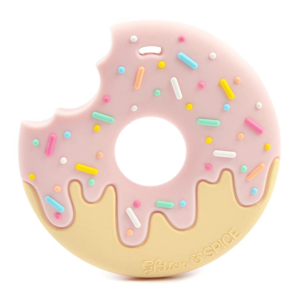 Glitter & Spice Donut Silicone Teether with Pacifier Clip - Strawberry Cream Glitter & Spice Donut Silicone Teether with Pacifier Clip - Strawberry Cream 