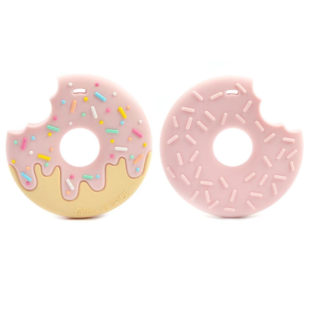 Glitter & Spice Donut Silicone Teether with Pacifier Clip - Strawberry Cream Glitter & Spice Donut Silicone Teether with Pacifier Clip - Strawberry Cream 