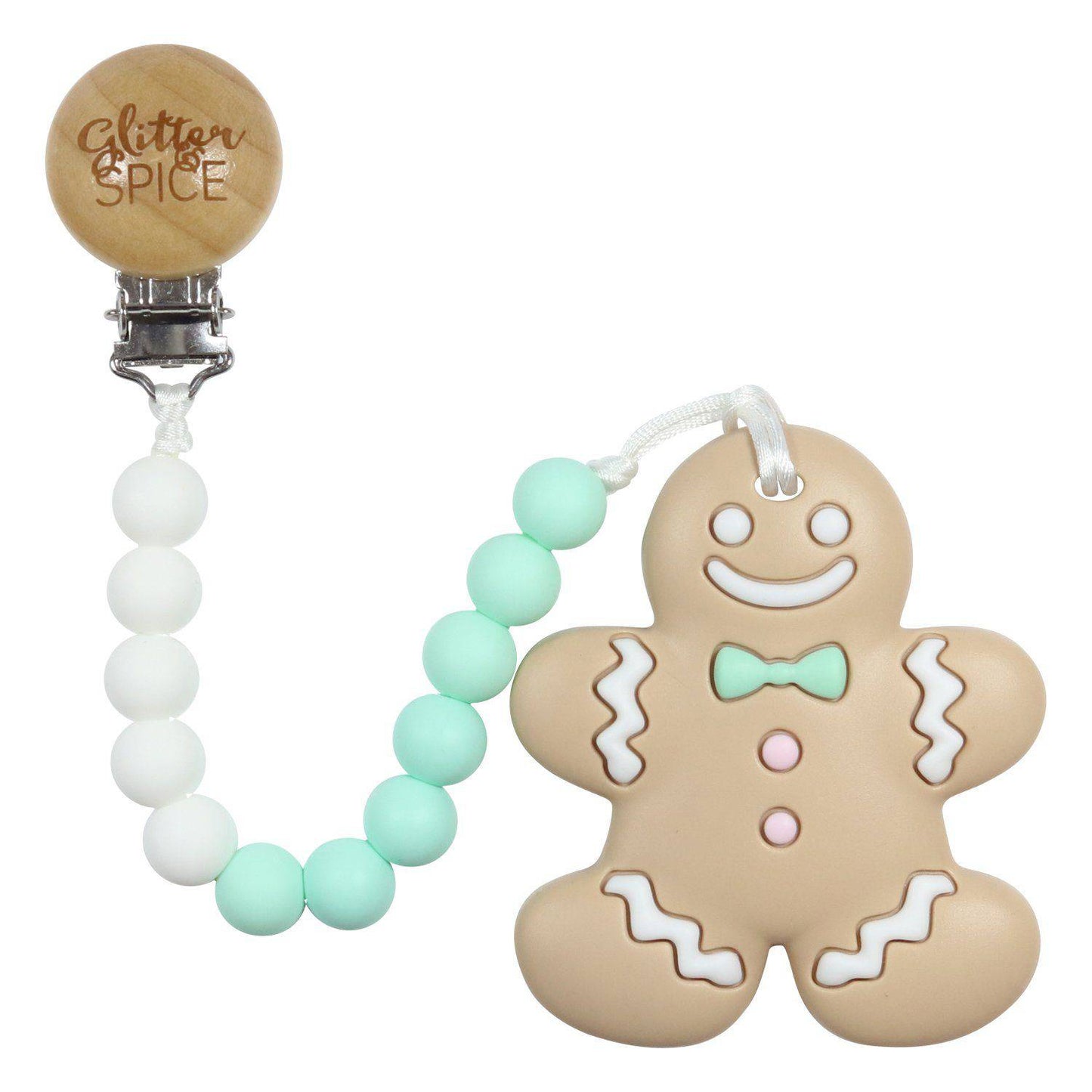 Glitter & Spice Gingerbread Silicone Teether with Pacifier Clip - Mint Glitter & Spice Gingerbread Silicone Teether with Pacifier Clip - Mint 
