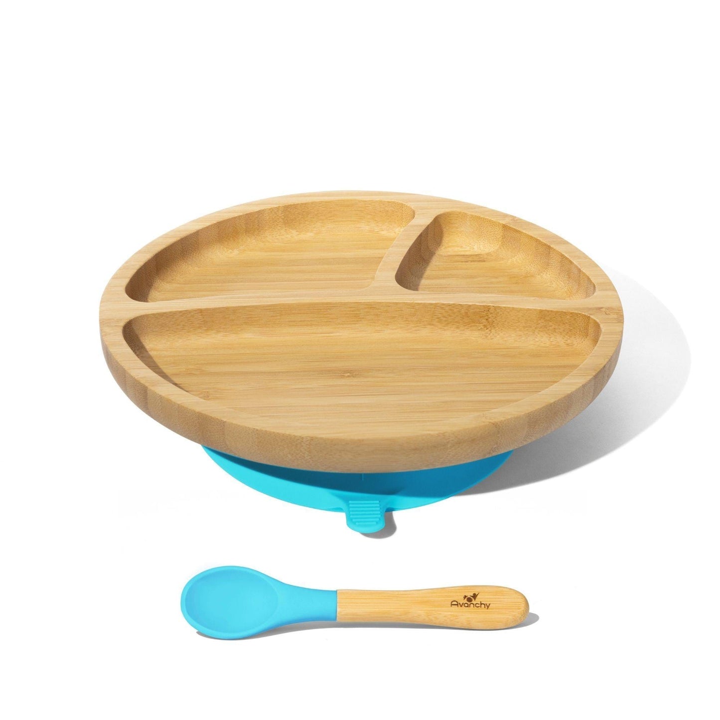 Avanchy Bamboo Divided Suction Toddler Plate + Spoon Blue AV-BTPL-DIV-BL