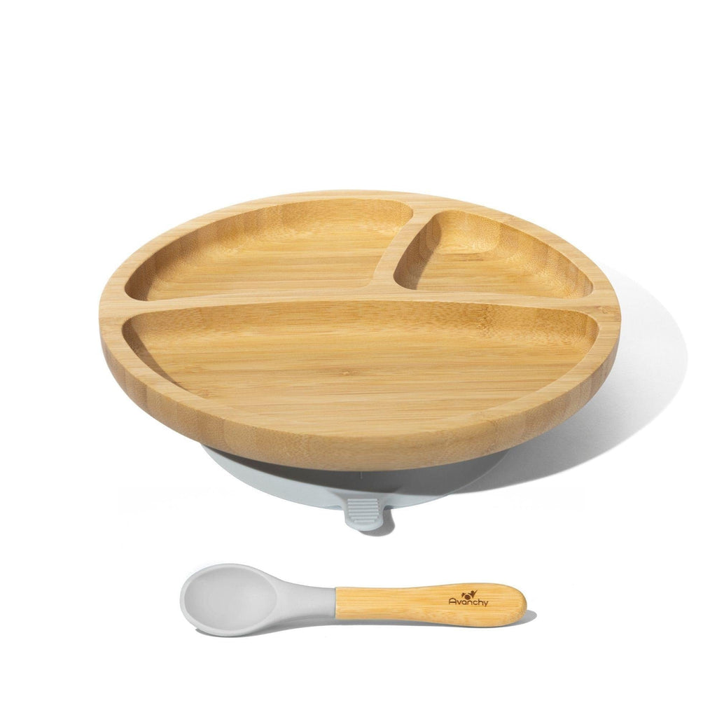 Avanchy Bamboo Divided Suction Toddler Plate + Spoon Grey AV-BTPL-DIV-GY