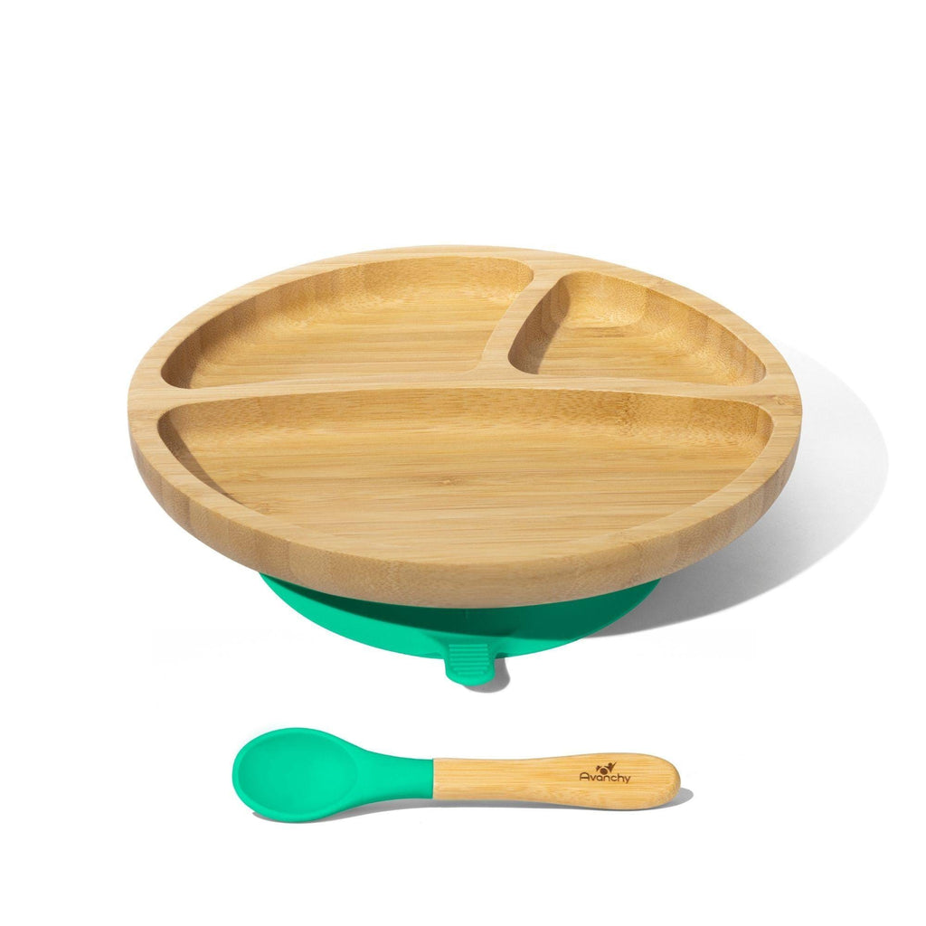 Avanchy Bamboo Divided Suction Toddler Plate + Spoon Green AV-BTPL-DIV-GN