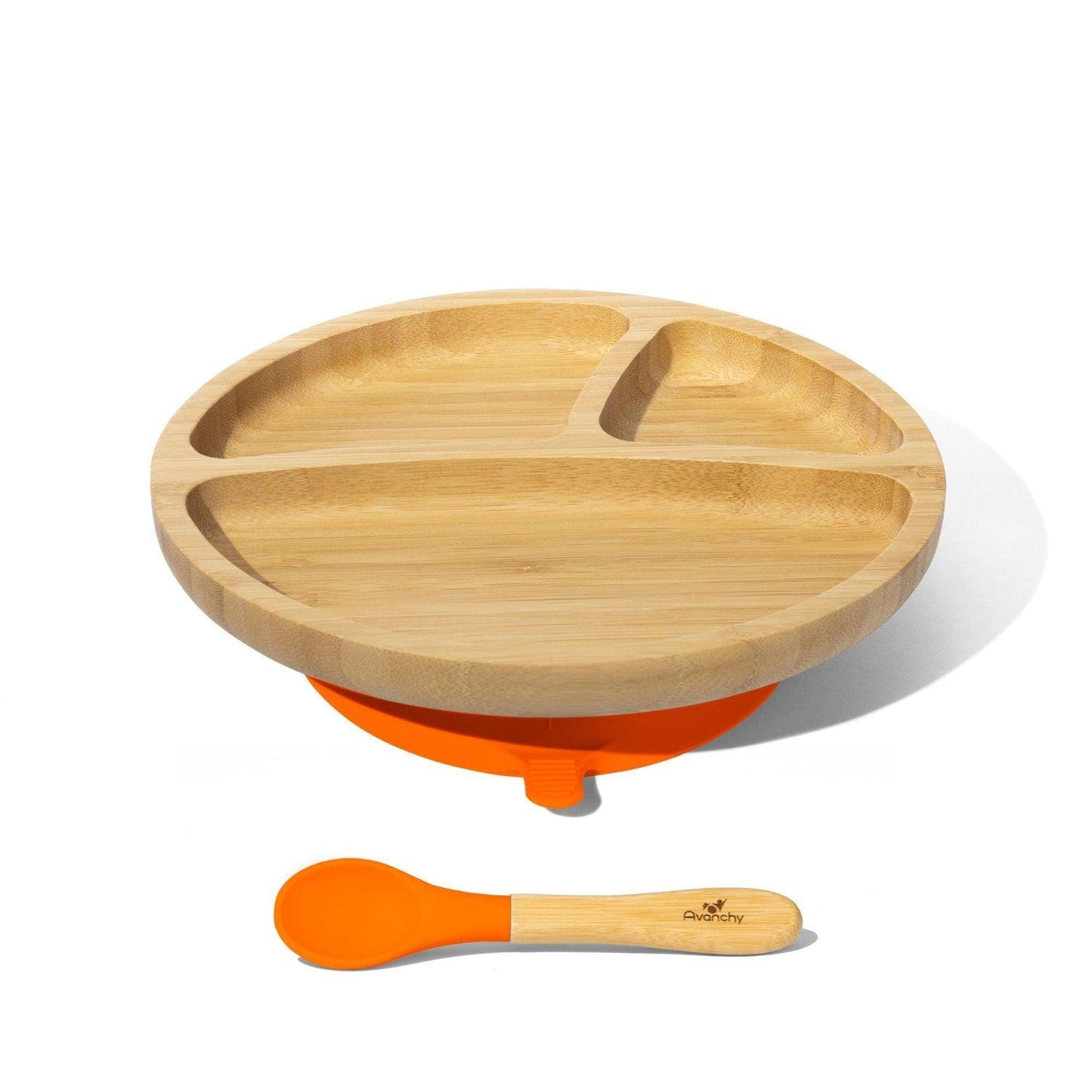 Avanchy Bamboo Divided Suction Toddler Plate + Spoon Orange AV-BTPL-DIV-OR