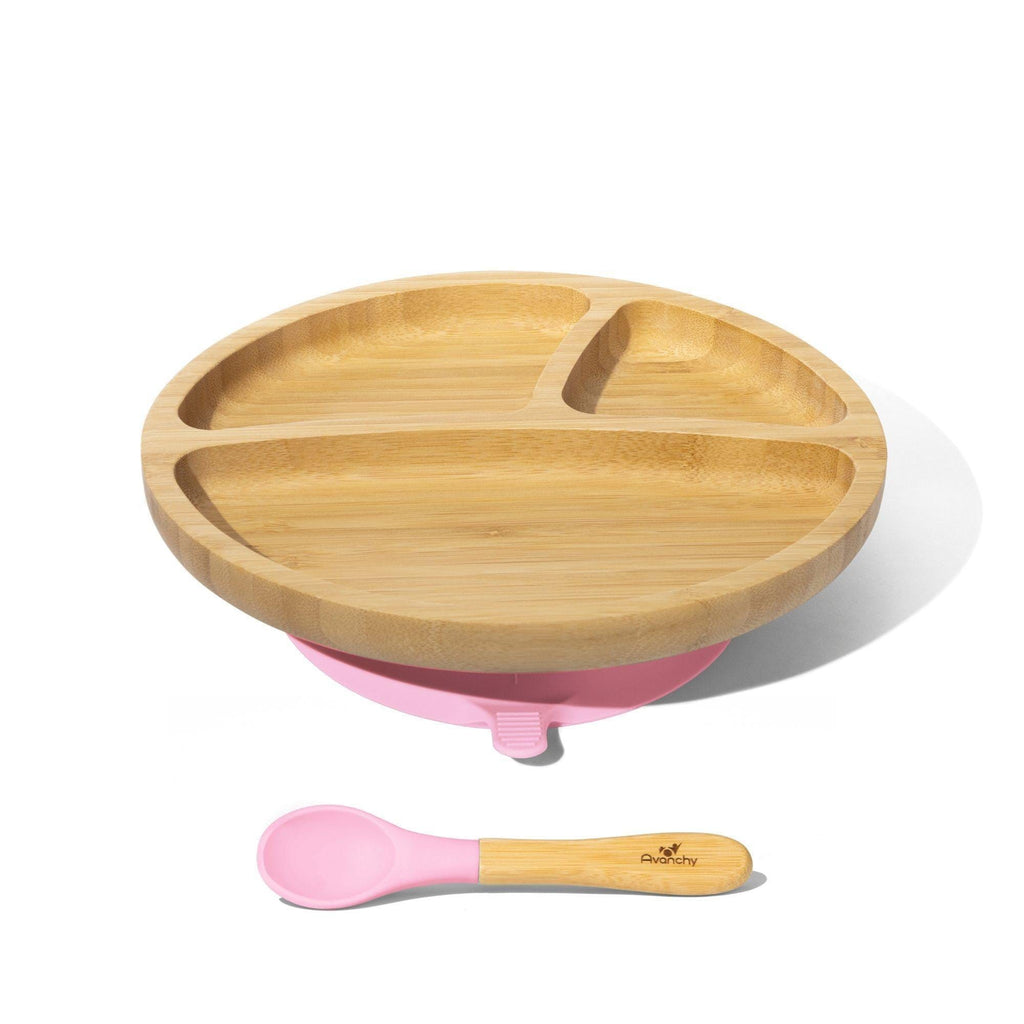 Avanchy Bamboo Divided Suction Toddler Plate + Spoon Pink AV-BTPL-DIV-PK