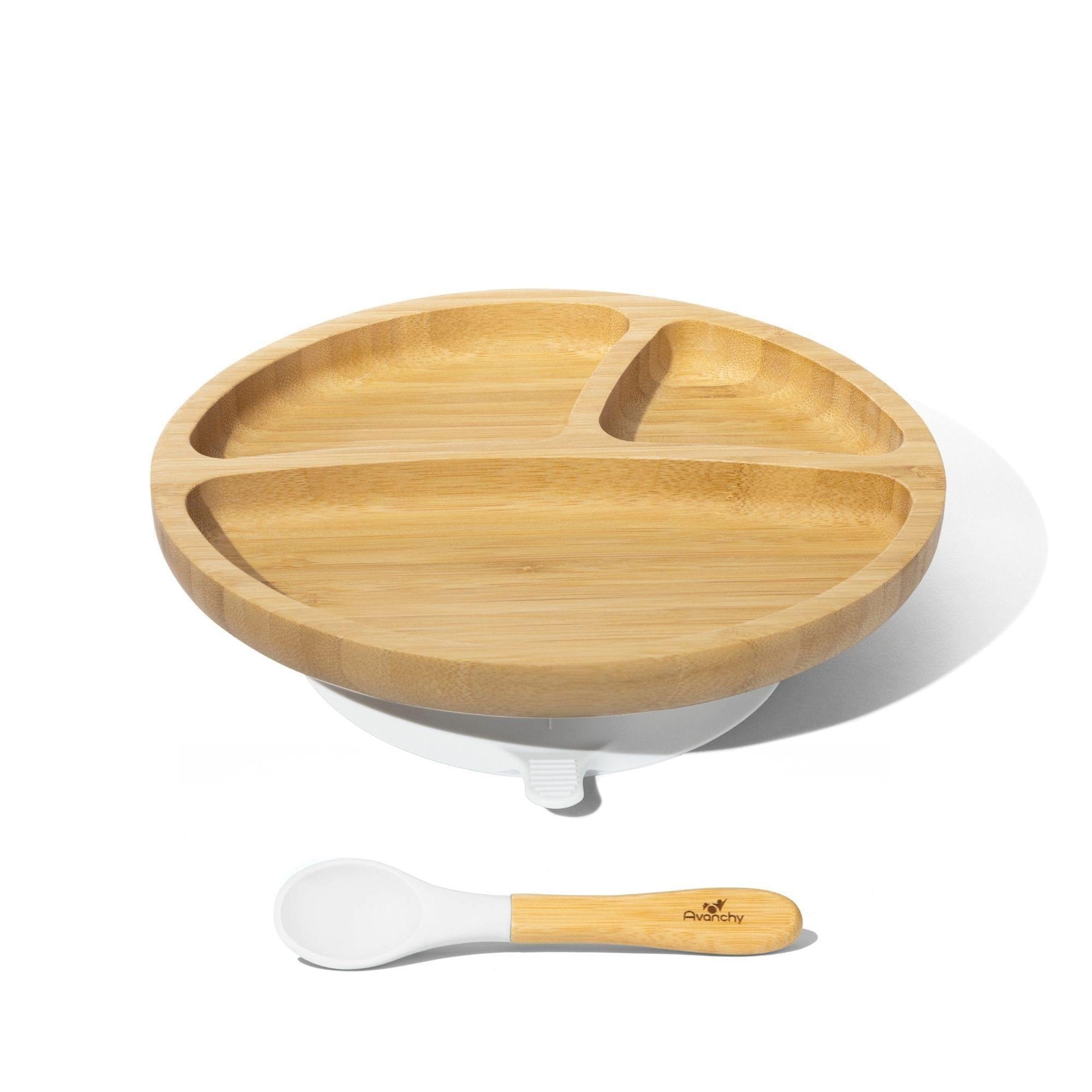 Avanchy Bamboo Divided Suction Toddler Plate + Spoon White AV-BTPL-DIV-WT