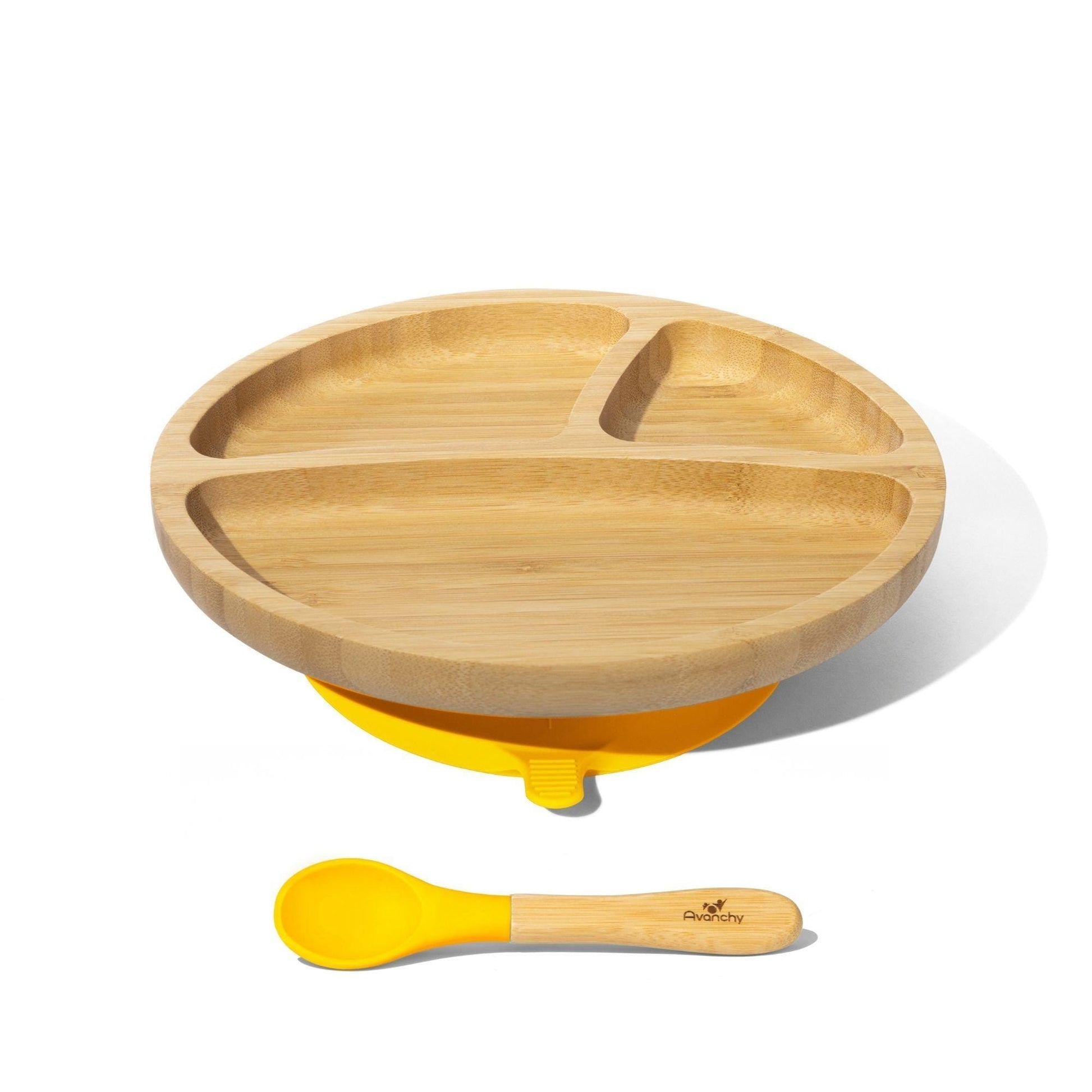 Avanchy Bamboo Divided Suction Toddler Plate + Spoon Yellow AV-BTPL-DIV-YL