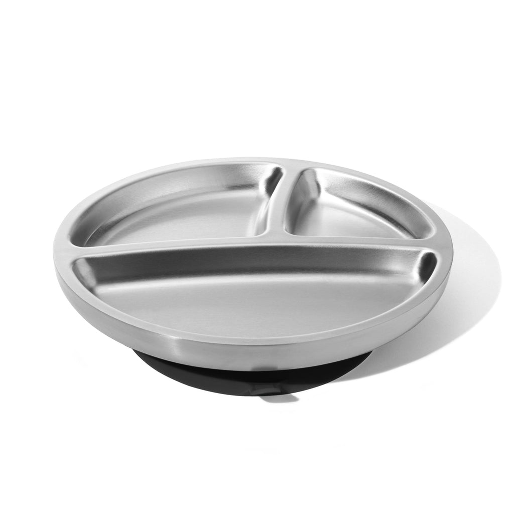 Avanchy Stainless Steel Divided Suction Toddler Plate + Spoon Black 