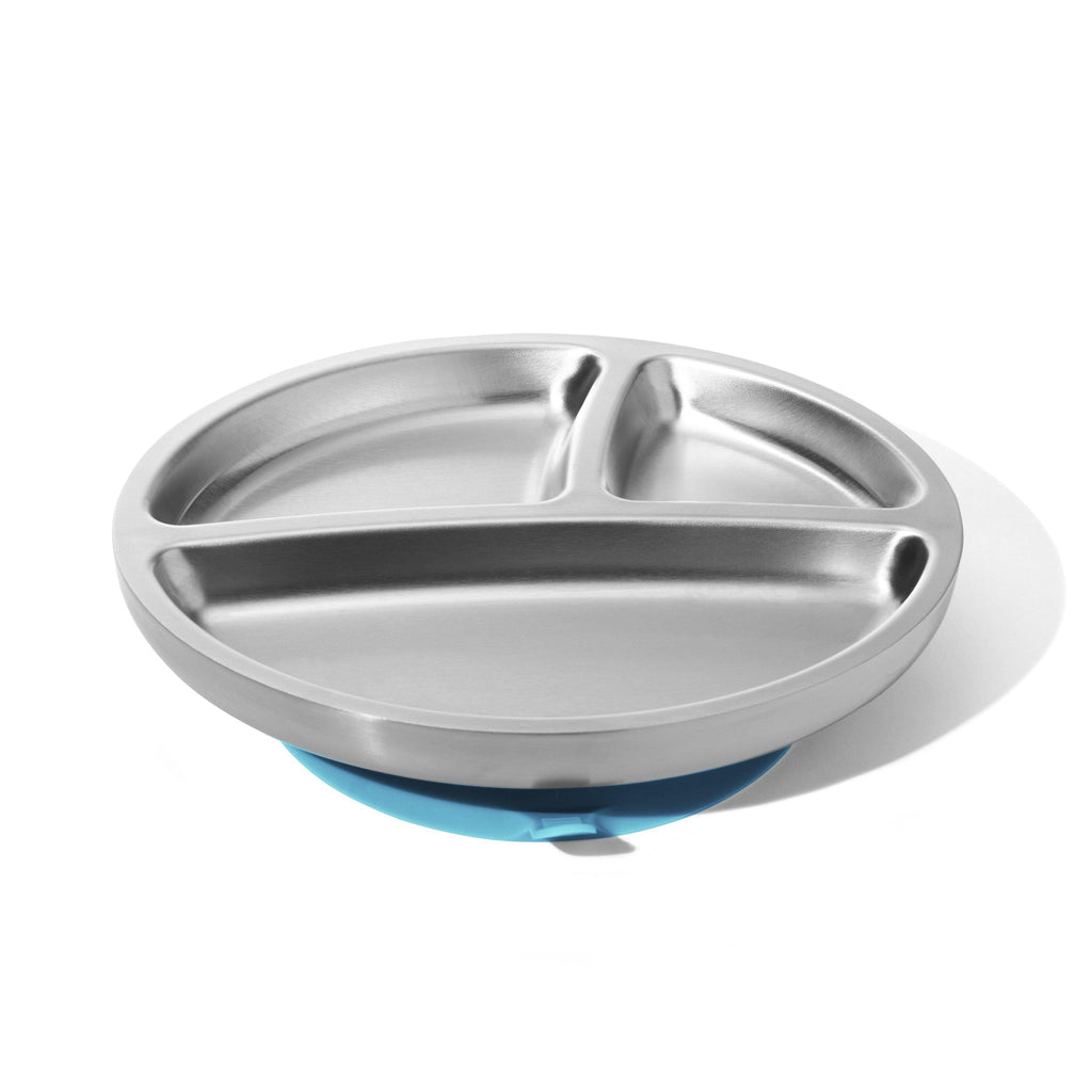 Avanchy Stainless Steel Divided Suction Toddler Plate + Spoon Blue 