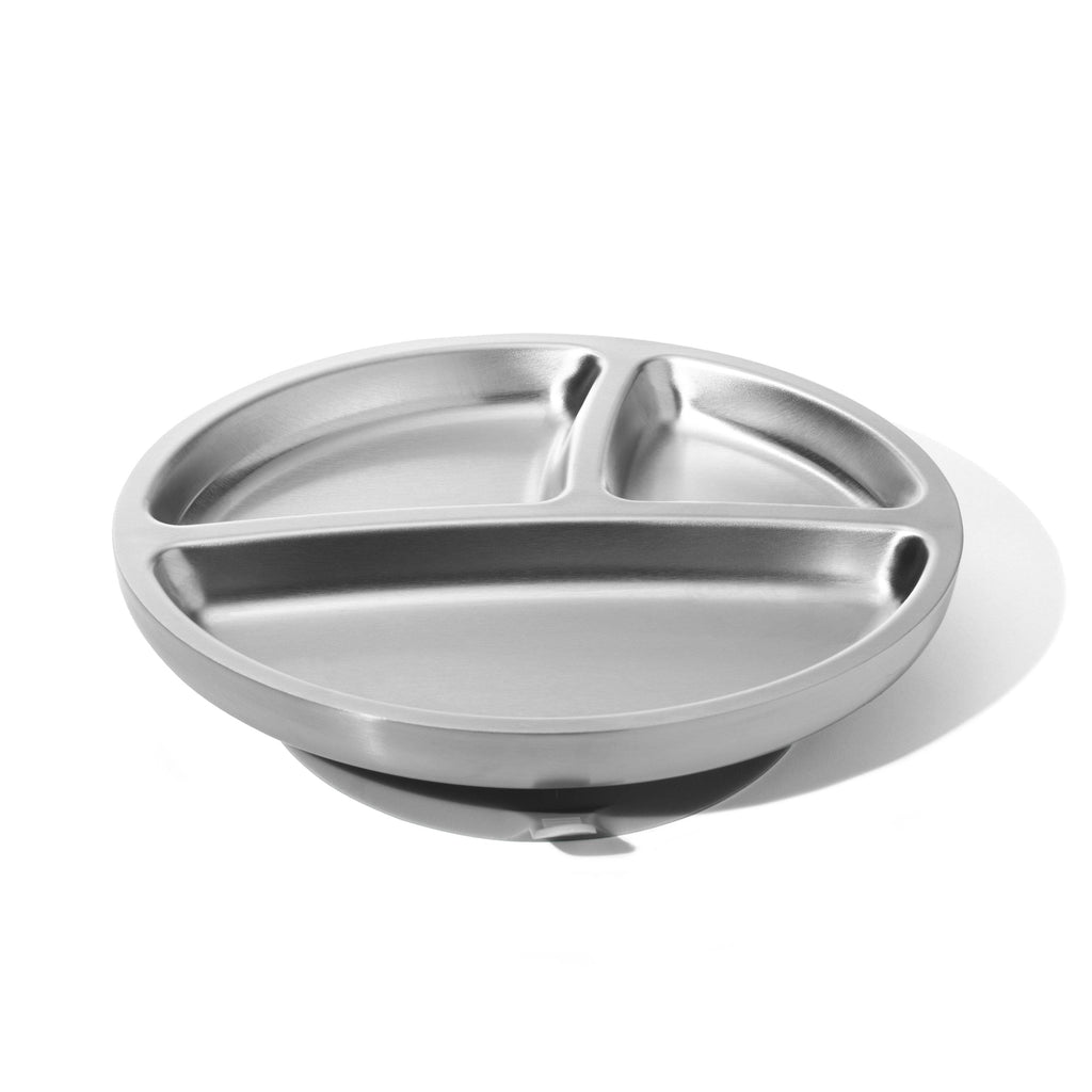 Avanchy Stainless Steel Divided Suction Toddler Plate + Spoon Grey 
