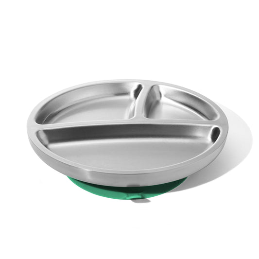 Avanchy Stainless Steel Divided Suction Toddler Plate + Spoon Green 