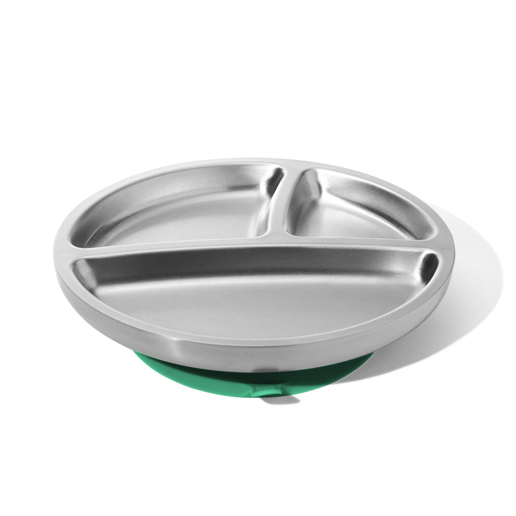 Avanchy Stainless Steel Divided Suction Toddler Plate + Spoon Green 