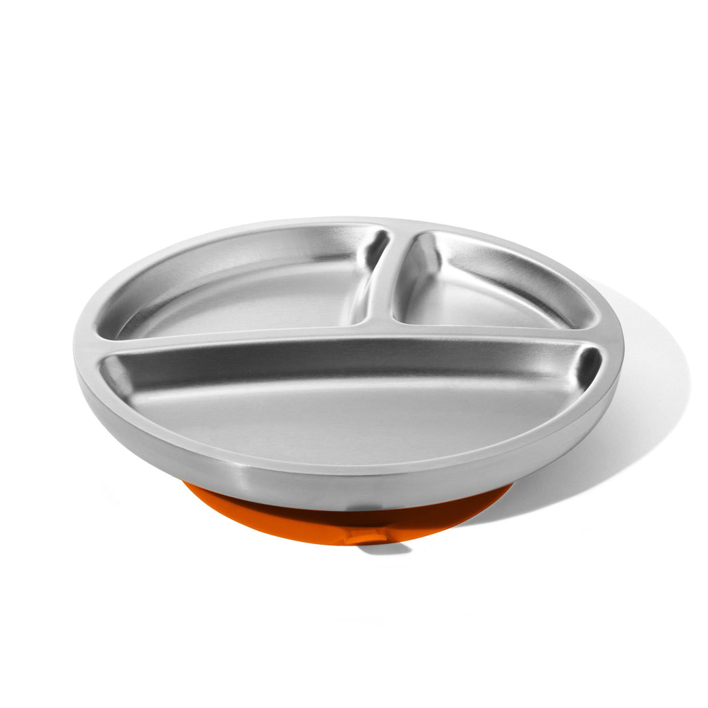 Avanchy Stainless Steel Divided Suction Toddler Plate + Spoon Orange 