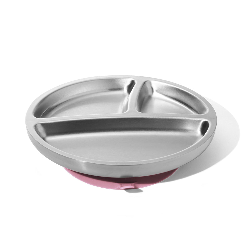 Avanchy Stainless Steel Divided Suction Toddler Plate + Spoon Pink 