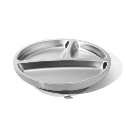 Avanchy Stainless Steel Divided Suction Toddler Plate + Spoon White 