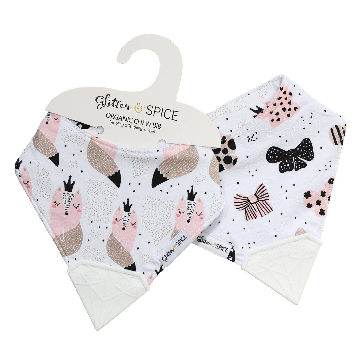 Glitter & Spice Double Sided Organic Chew Bib - Foxy / Bow-tiful Glitter & Spice Double Sided Organic Chew Bib - Foxy / Bow-tiful 