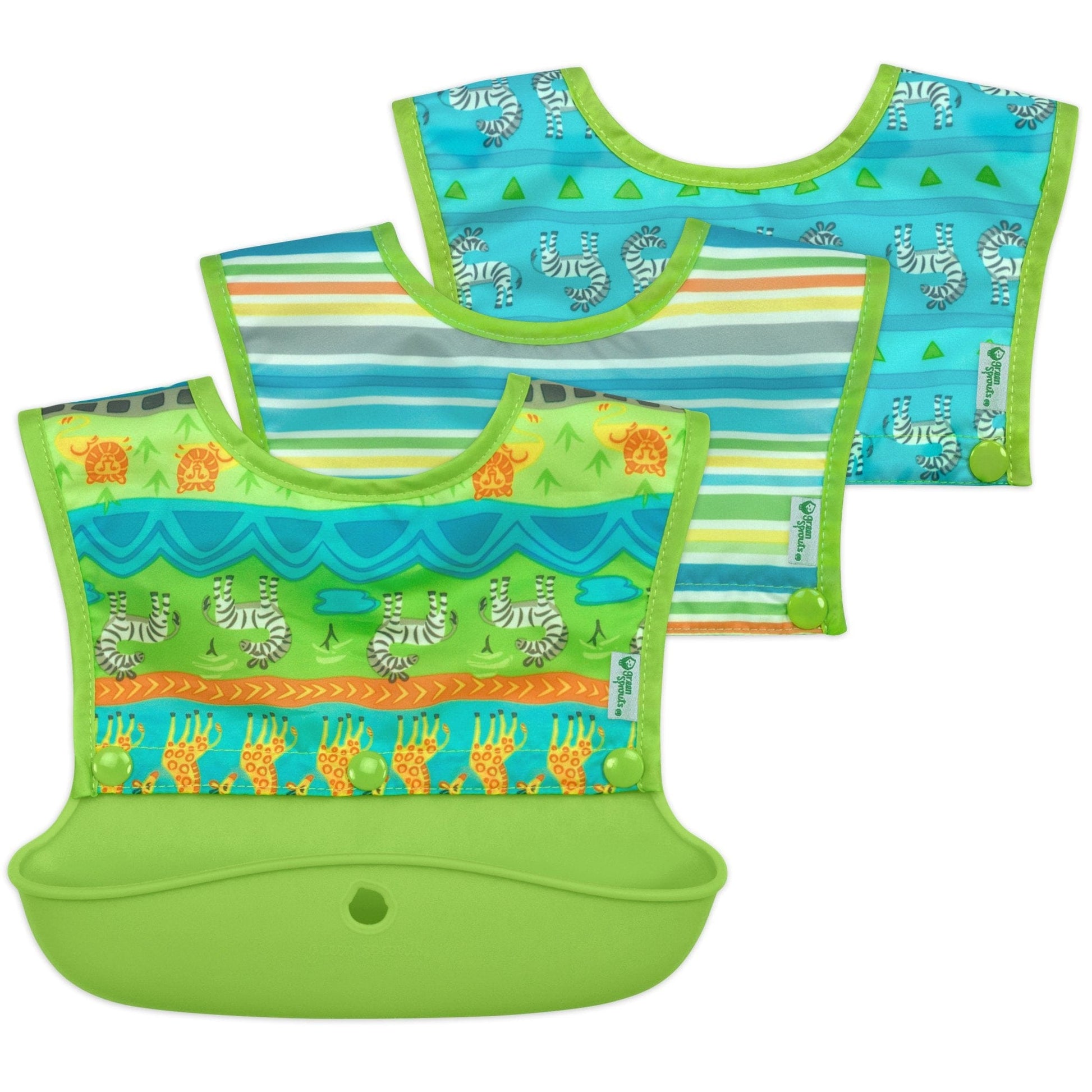 Green Sprouts Snap & Go™ Silicone Food-catcher Bib (3-in-1 Set) Green Safari GS-BIB-SAFA-GN