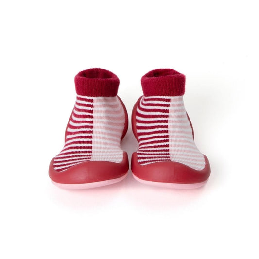 Komuello Half Stripe Burgundy Baby Rubber Sole Sock Shoes Komuello Half Stripe Burgundy Baby Rubber Sole Sock Shoes 