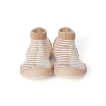 Komuello Half Stripe Tan Baby Rubber Sole Sock Shoes Komuello Half Stripe Tan Baby Rubber Sole Sock Shoes 