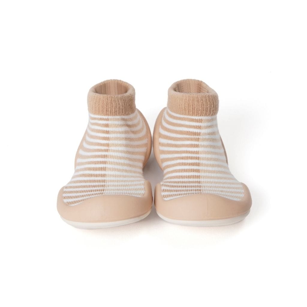 Komuello Half Stripe Tan Baby Rubber Sole Sock Shoes Komuello Half Stripe Tan Baby Rubber Sole Sock Shoes 